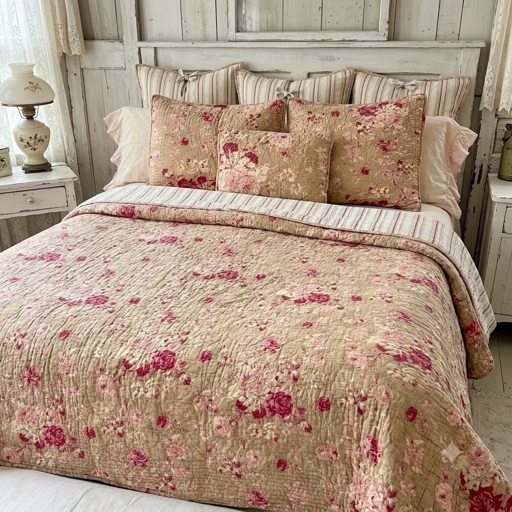 Pottery Barn Full/Queen Quilt Set Vintage Floral 5pc French Country Shabby Chic